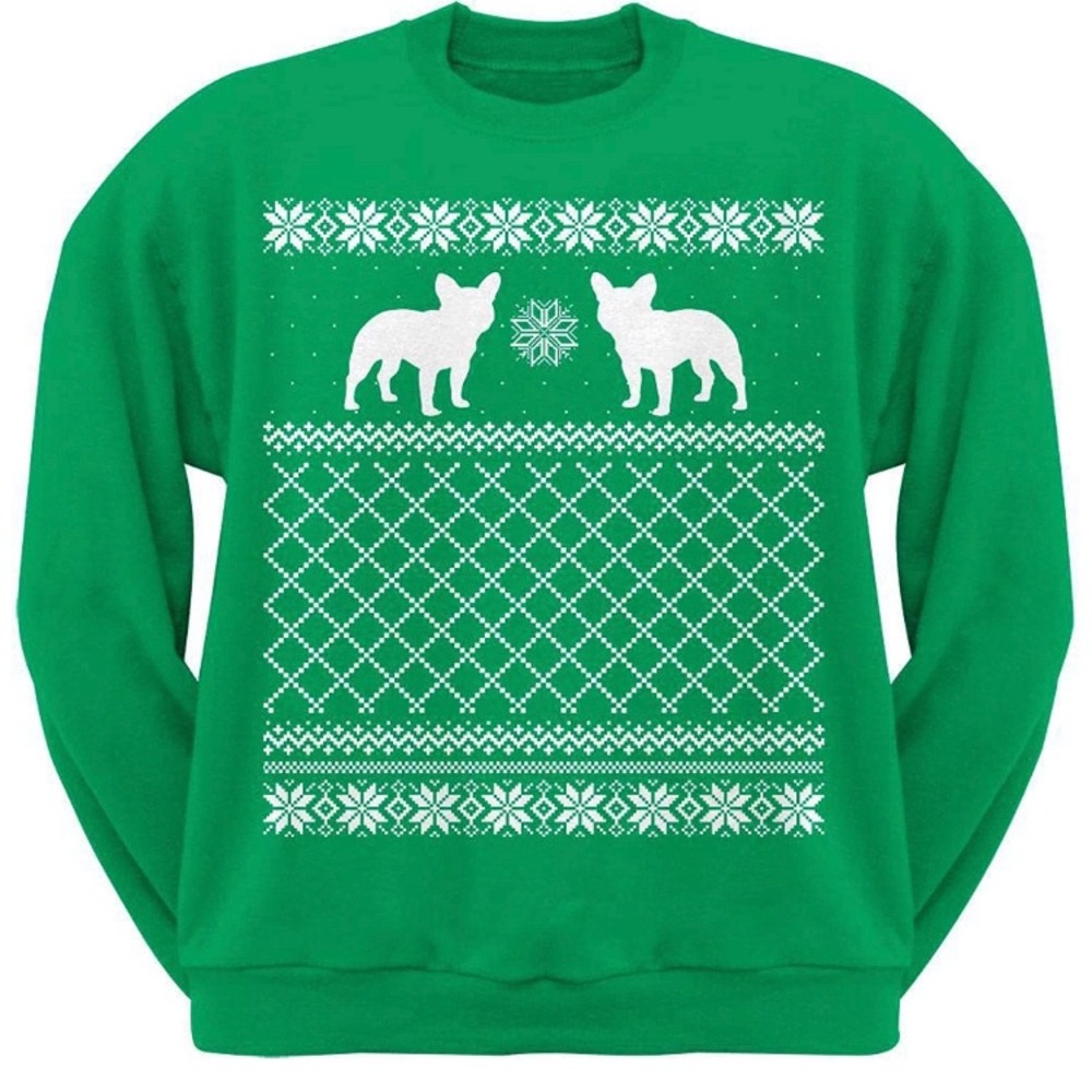 French bulldog green fleece ugly Christmas sweater